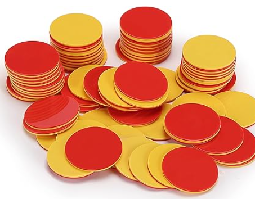 Picture of chips as they are used to represent integers. They have two faces yellow, and red.