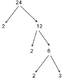 Alternative tree factorization of 24 that begins by splitting 24 into 2, and 12 first, and subsequently the 12 into 2, and 6, and then the 6 into 2, and 3.