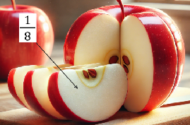 An apple from which 3 equal slices have been removed with the size of 1/8 each.